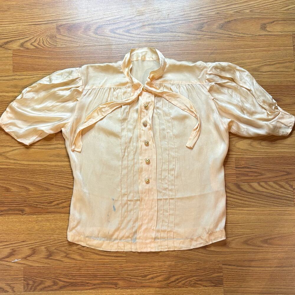 Vintage 1930s Silk Satin Blouse XS S Puff Sleeve Bow Neck Pearl Buttons Coquette